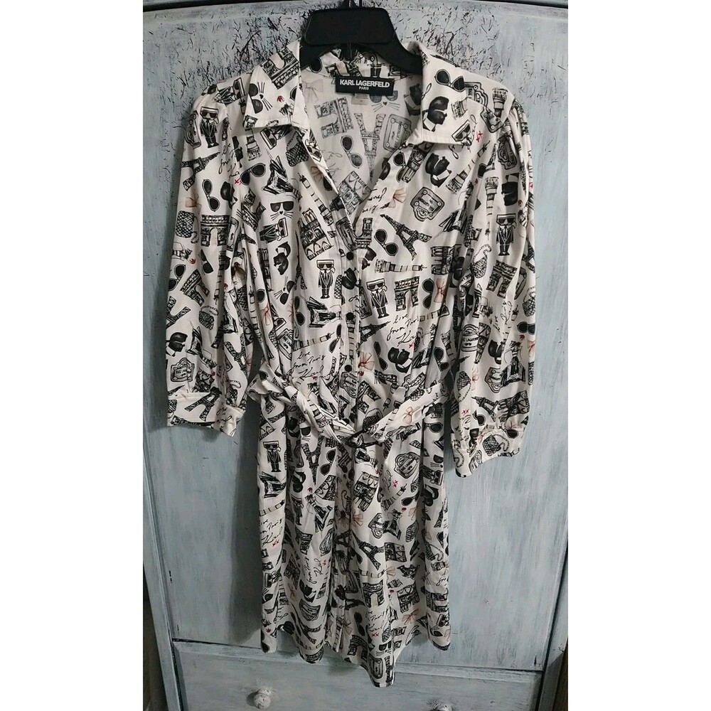 Karl Lagerfeld Puff Sleeve Belted Collared Dress Sz 10 Boho Classic Cottage Core